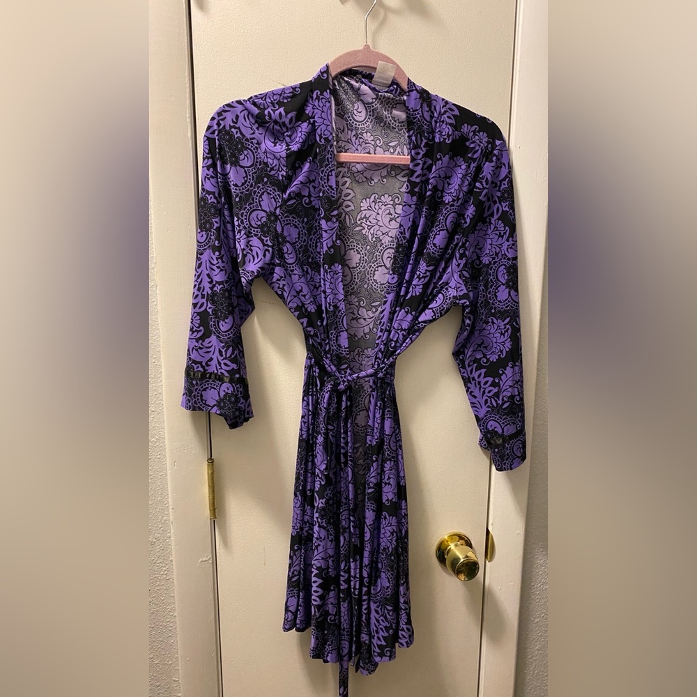 Purple Floral Print Women's Robe W/ attached belt